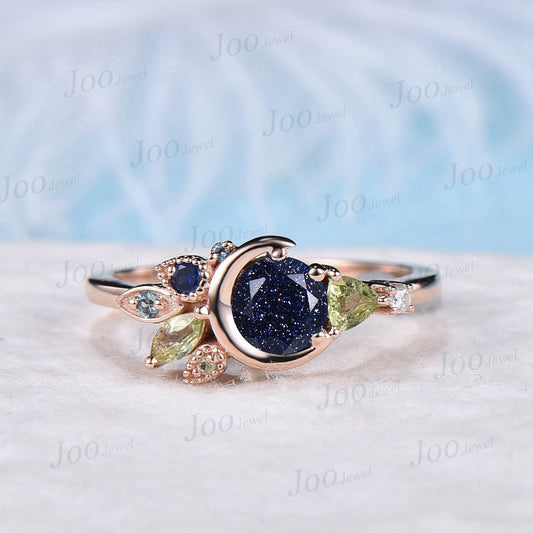 Unique Round Blue Sandstone Ring Moon Wedding Ring Celestial Engagement Ring Custom Multi-Birthstone Cluster Blue Promise Family Ring Gifts