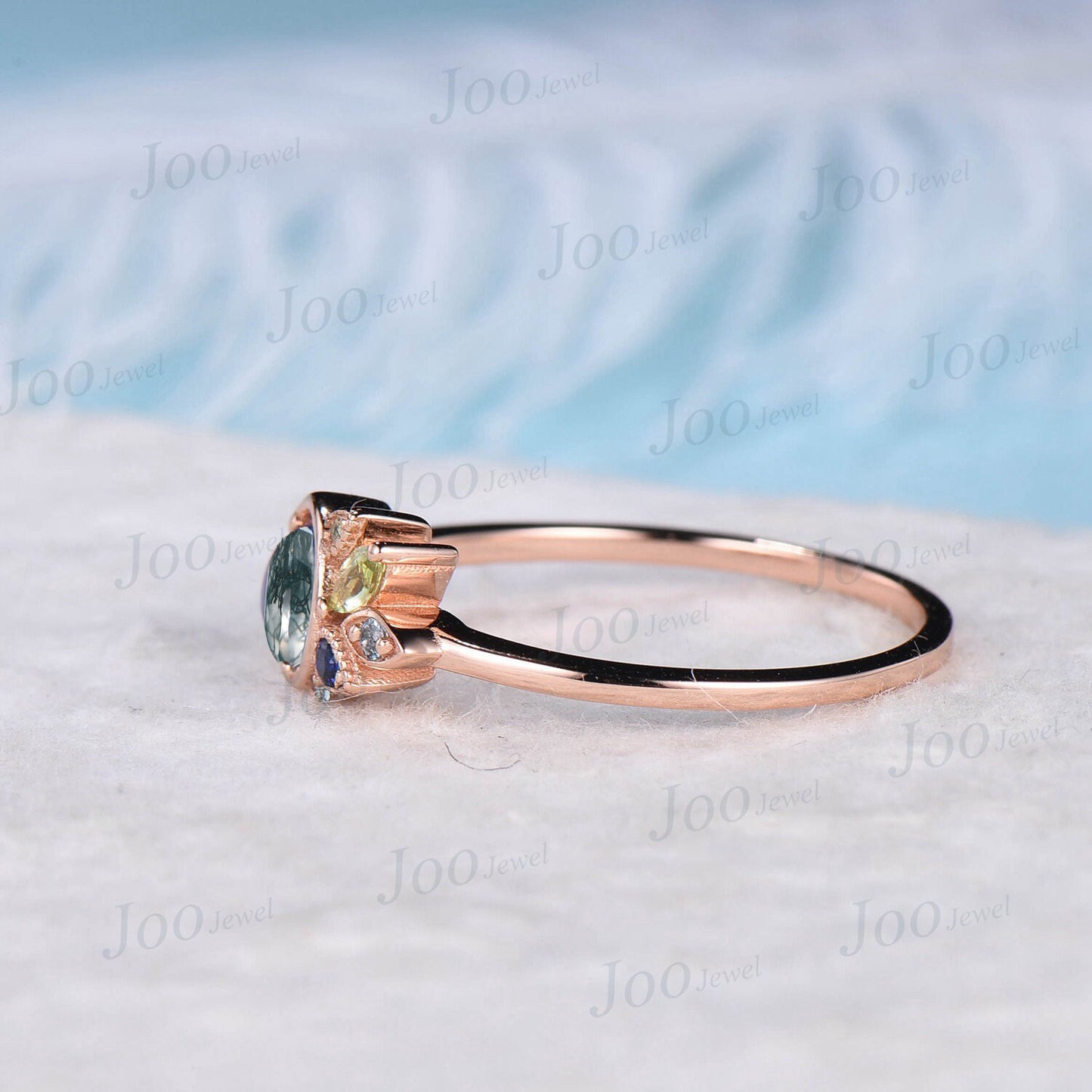 Unique 5mm Round Green Moss Agate Cluster Wedding Ring Celestial Engagement Rings Custom Multi-Birthstone Personalized Handmade Family Ring