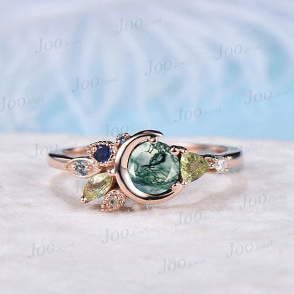 Unique 5mm Round Green Moss Agate Cluster Wedding Ring Celestial Engagement Rings Custom Multi-Birthstone Personalized Handmade Family Ring