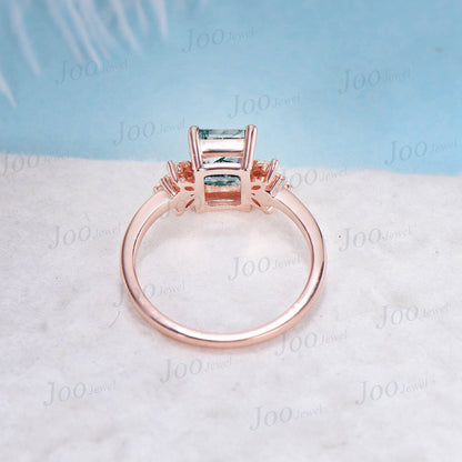 Cluster Moss Agate Alexandrite Engagement Ring Vintage 10K Rose Gold 2CT Emerald Cut Natural Moss Agate Moon Wedding Ring Personalized Gifts