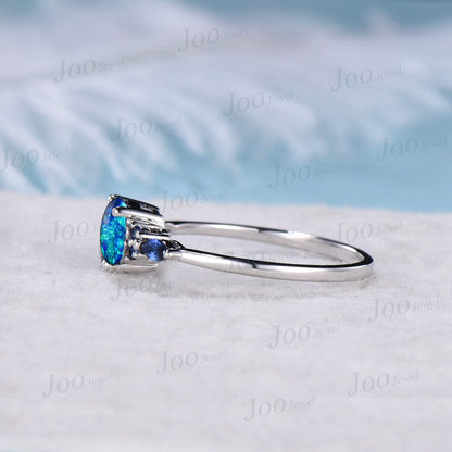 7mm Round Galaxy Blue Opal Engagement Ring Sterling Silver Cluster Blue Sapphire Ring Unique Anniversary Gift Blue Fire Opal Promise Rings