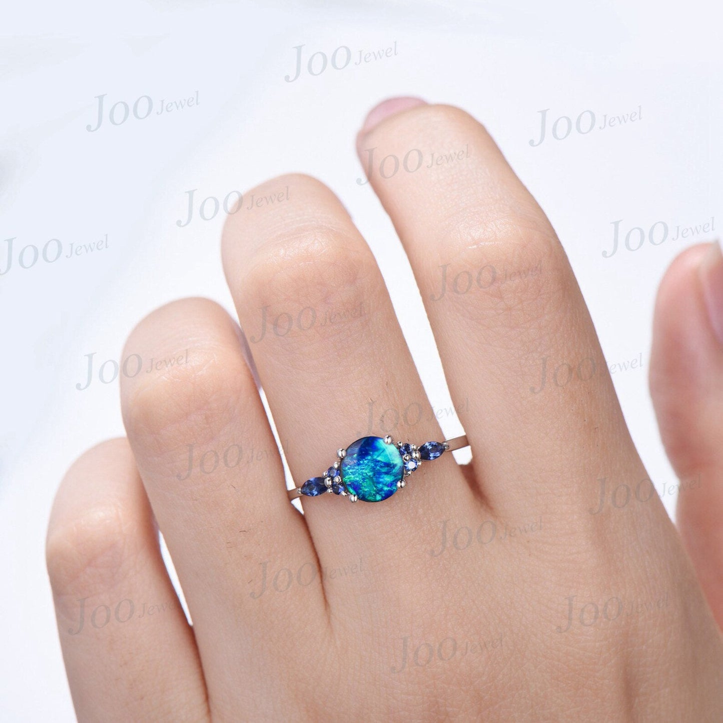 7mm Round Galaxy Blue Opal Engagement Ring Sterling Silver Cluster Blue Sapphire Ring Unique Anniversary Gift Blue Fire Opal Promise Rings