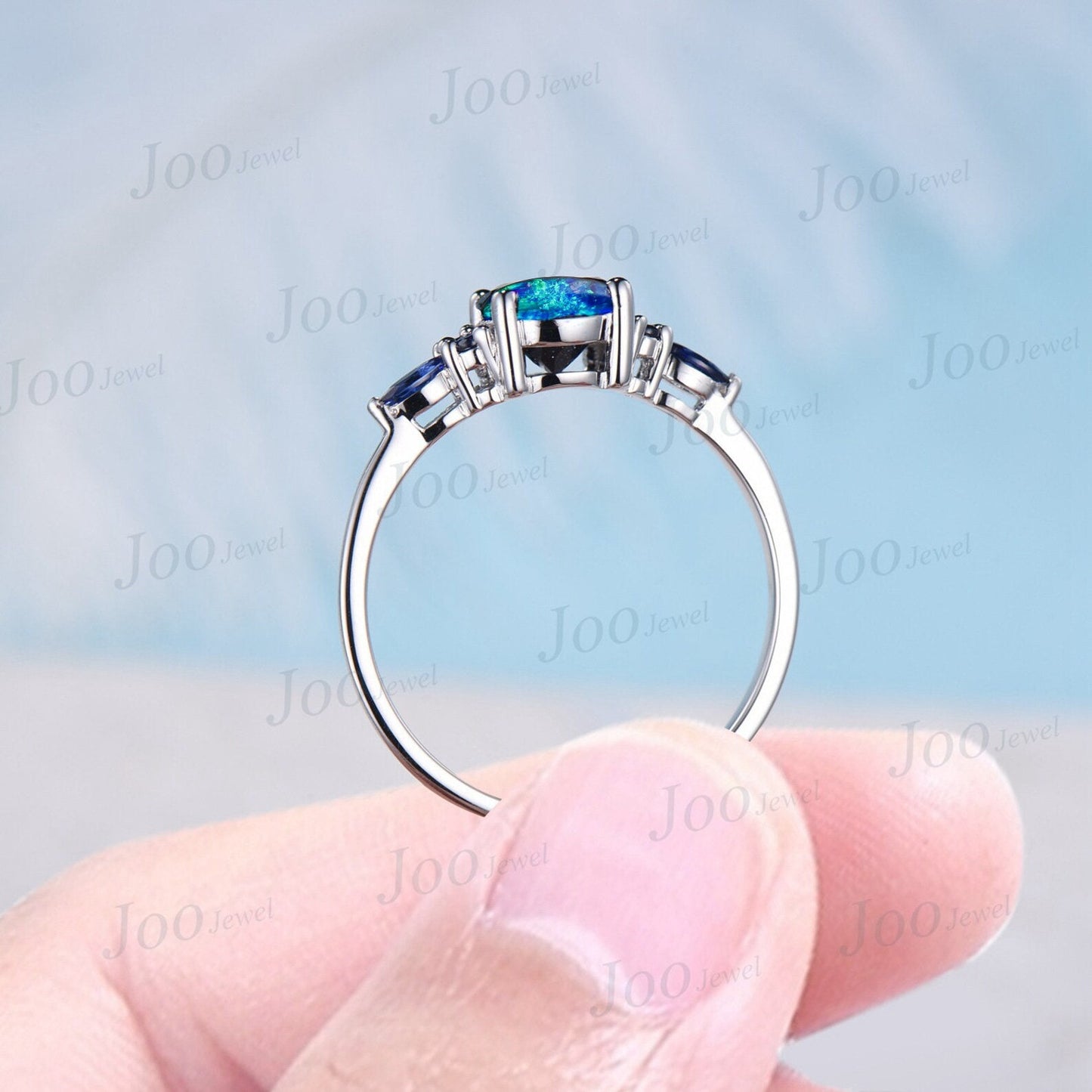 7mm Round Galaxy Blue Opal Engagement Ring Sterling Silver Cluster Blue Sapphire Ring Unique Anniversary Gift Blue Fire Opal Promise Rings