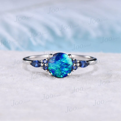 7mm Round Galaxy Blue Opal Engagement Ring Sterling Silver Cluster Blue Sapphire Ring Unique Anniversary Gift Blue Fire Opal Promise Rings