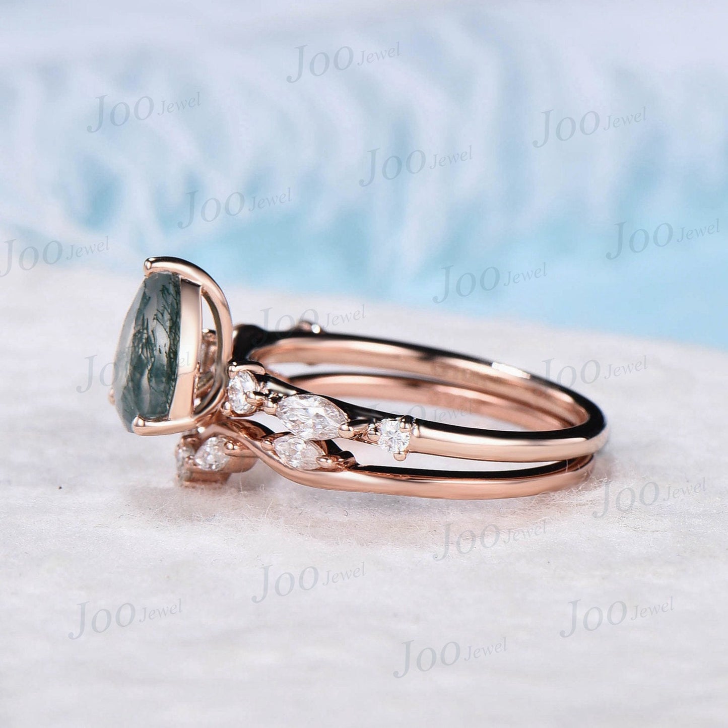 1.25ct Pear Natural Moss Agate Promise Ring Set Green Gemstone Jewelry Half Eternity Curve Moissanite Wedding Band Nature Moss Bridal Set