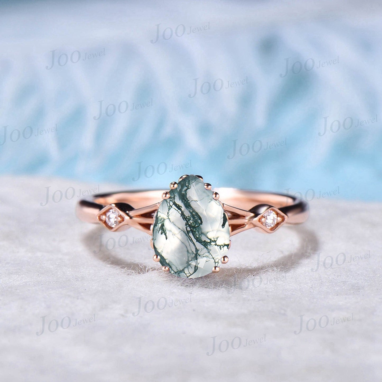 Vintage 1.25ct Pear Natural Moss Agate Engagement Ring Set Rose Gold Unique Moissanite Moss Agate Bridal Set Elvish Vine Promise Band Women