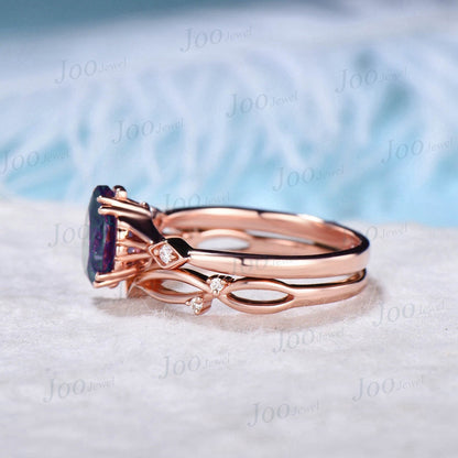 1.25ct Galaxy Blue Sandstone Ring Set Pear Gemstone Jewelry Vintage 10K Rose Gold Blue Goldstone Engagement Ring Personalized Gift for Women