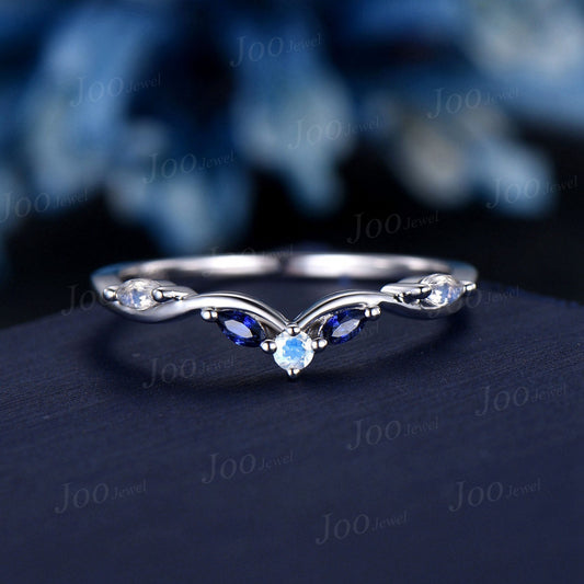 Marquise Natural Moonstone Contour Wedding Band 10K White Gold Blue Sapphire Nesting Band Unique Vintage Stacking Matching Bridal Gift Women