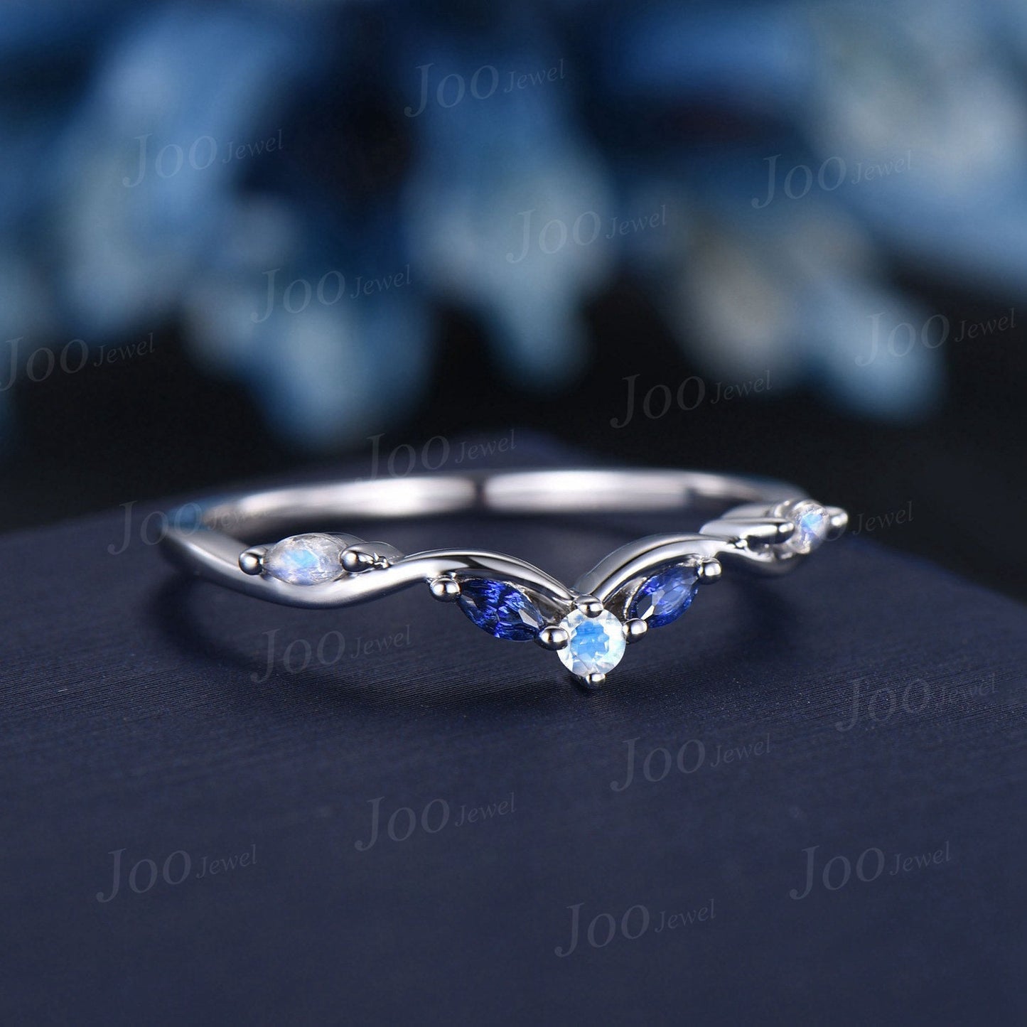 Marquise Natural Moonstone Contour Wedding Band 10K White Gold Blue Sapphire Nesting Band Unique Vintage Stacking Matching Bridal Gift Women