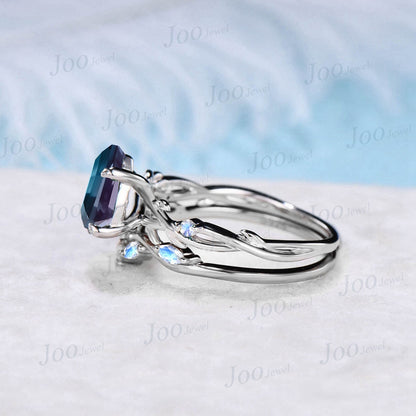 1.25ct Nature Inspired Color-Change Alexandrite Moonstone Bridal Set Twig Vine Teardrop Alexandrite Ring Set Unique June Birthstone Gifts