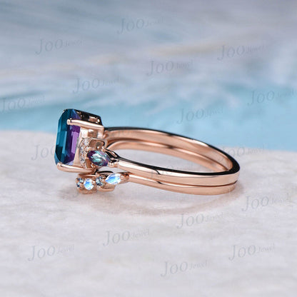 1.5ct Oval Cut Alexandrite Moonstone Ring Set June Birthstone Wedding Ring Moon Ring Unique Anniversary/Promise/Birthstone Gift for Women