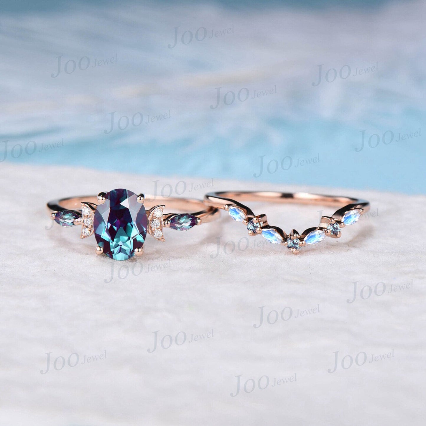 1.5ct Oval Cut Alexandrite Moonstone Ring Set June Birthstone Wedding Ring Moon Ring Unique Anniversary/Promise/Birthstone Gift for Women