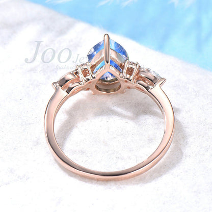 1.25ct Natural Pear Moonstone Ring Treasure Jewelry Vintage Art Deco Rose Gold June Birthstone Wedding Ring Rainbow Moonstone Promise Rings