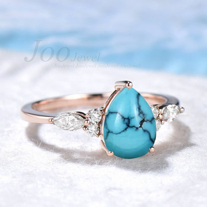 Pear Natural Turquoise Engagement Ring Women Boho Style Sterling Silver Antique Turquoise Ring December Birthstone Green Gemstone Jewelry