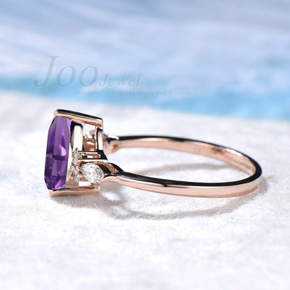 Teardrop Amethyst Promise Ring Rose Gold Silver 1.25ct Pear Natural Amethyst Crystal Wedding Ring Unique February Birthstone Birthday Gift