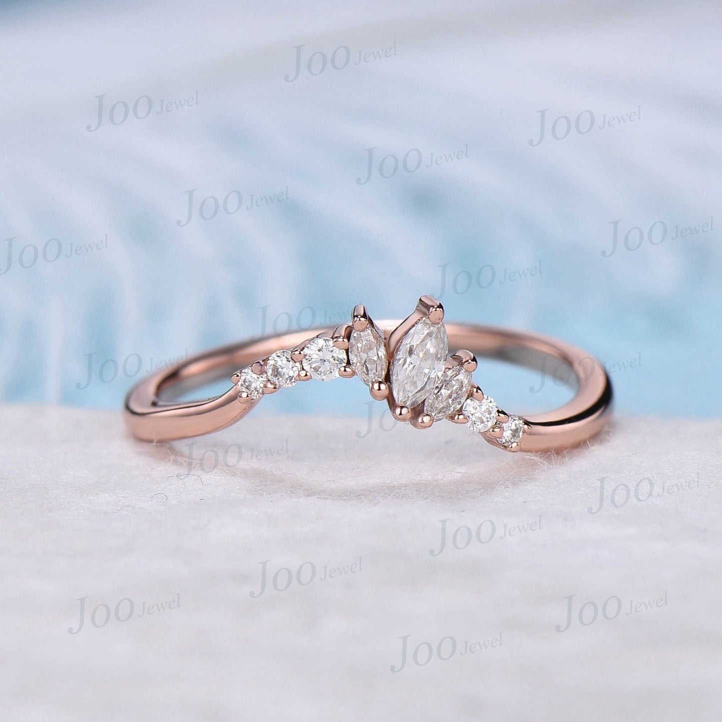 Curved Moissanite Diamond Stacking Matching Wedding Band Art Deco 10K Rose Gold Marquise Moissanite Contoured Anniversary Wedding Band Women