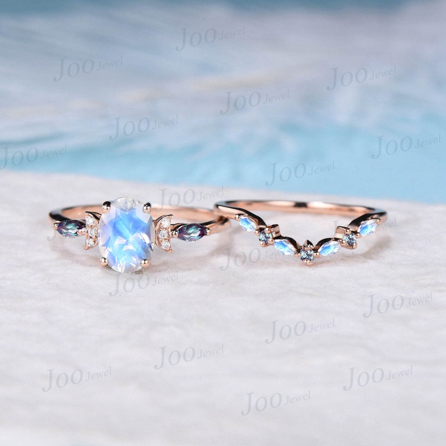 1.5ct Natural Oval Moonstone Alexandrite Ring Set Vintage 14K Rose Gold June Birthstone Moon Wedding Ring Rainbow Moonstone Promise Rings