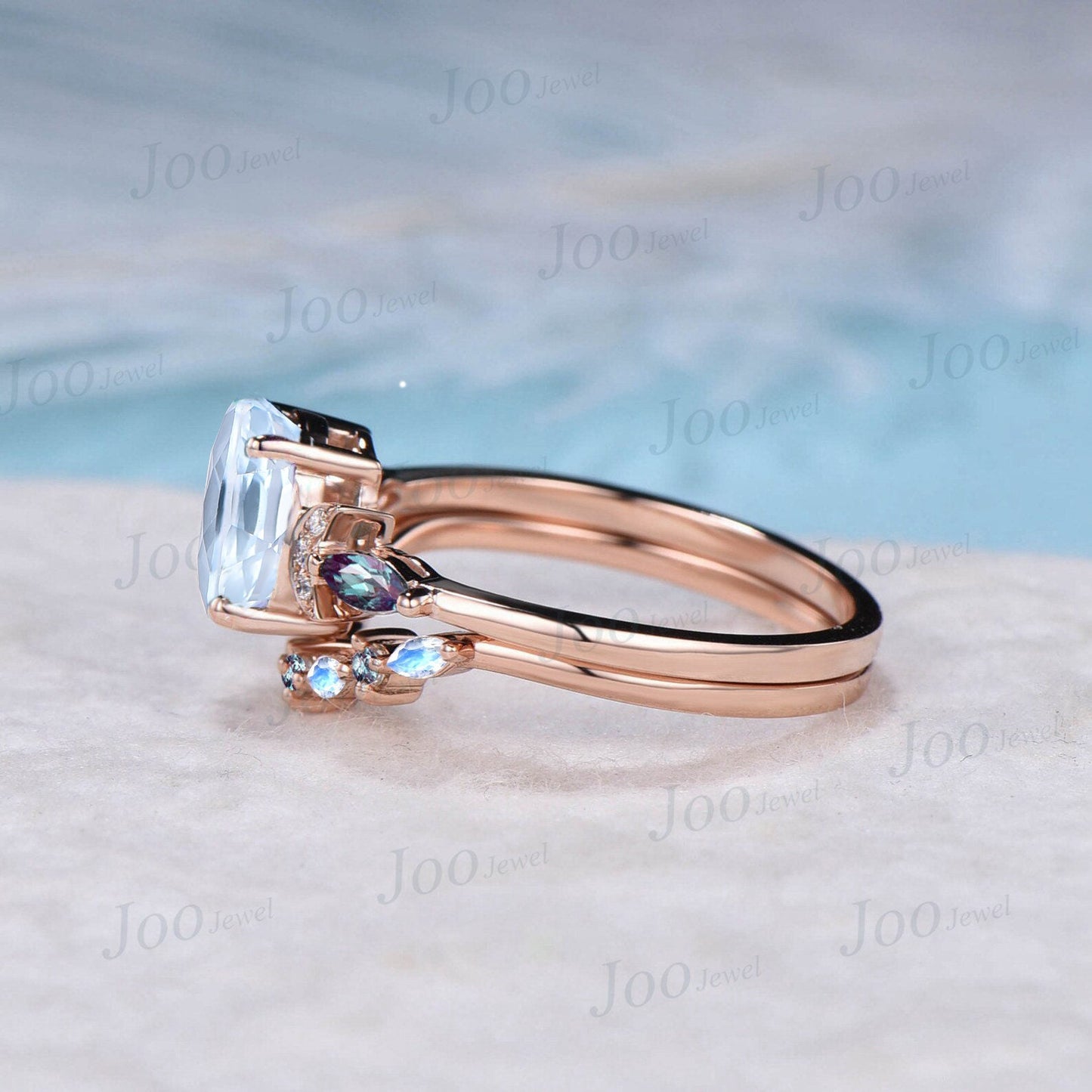 1.5ct Natural Oval Moonstone Alexandrite Ring Set Vintage 14K Rose Gold June Birthstone Moon Wedding Ring Rainbow Moonstone Promise Rings