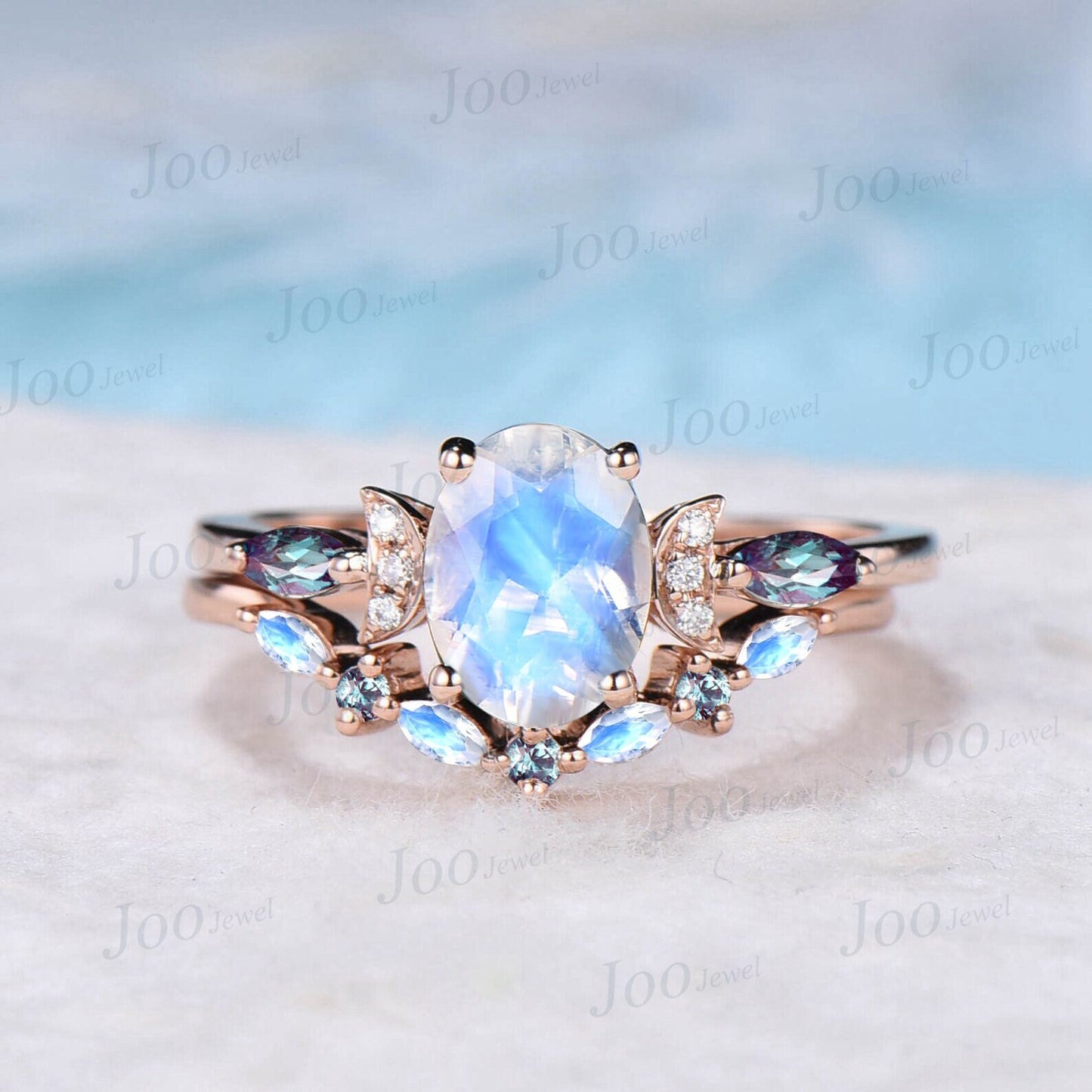 1.5ct Natural Oval Moonstone Alexandrite Ring Set Vintage 14K Rose Gold June Birthstone Moon Wedding Ring Rainbow Moonstone Promise Rings