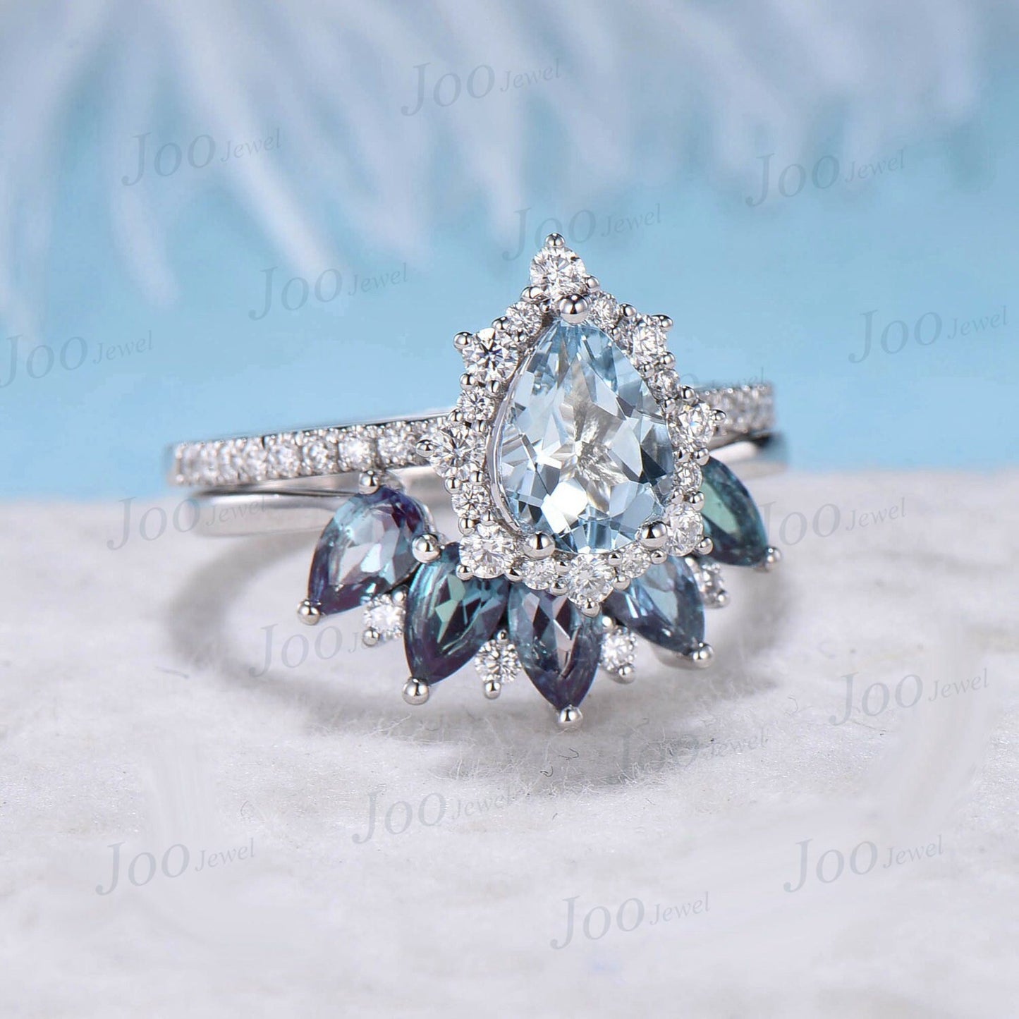 Pear Natural Aquamarine Halo Engagement Ring Set 10k White Gold Half Eternity Moissanite Alexandrite Wedding Band Cocktail Statement Rings