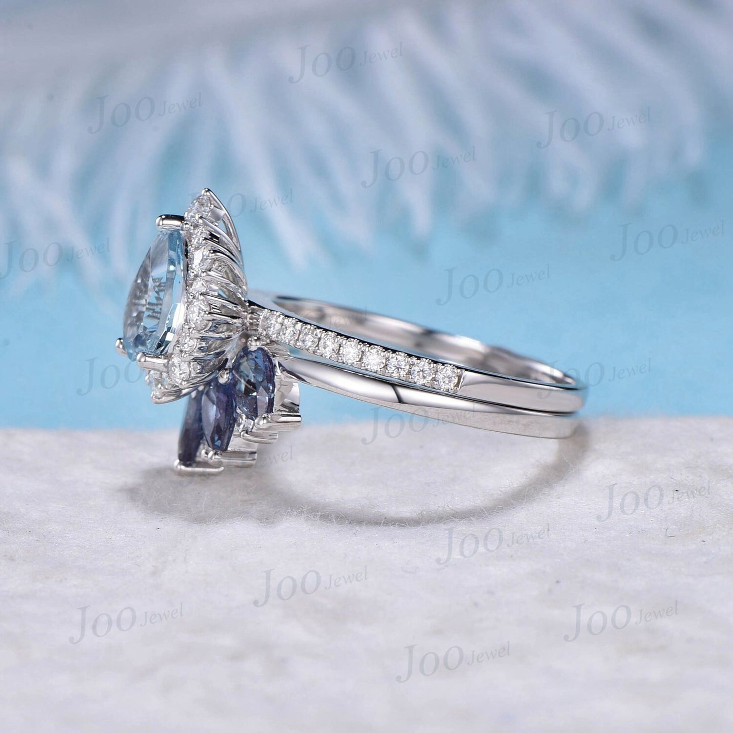 Pear Natural Aquamarine Halo Engagement Ring Set 10k White Gold Half Eternity Moissanite Alexandrite Wedding Band Cocktail Statement Rings