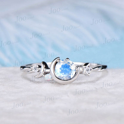 Unique Round Blue Moonstone Engagement Ring 10K Rose Gold Moon Bridal Ring Moon Star Moissanite Opal Wedding Ring Art Deco Asymmetrical Ring