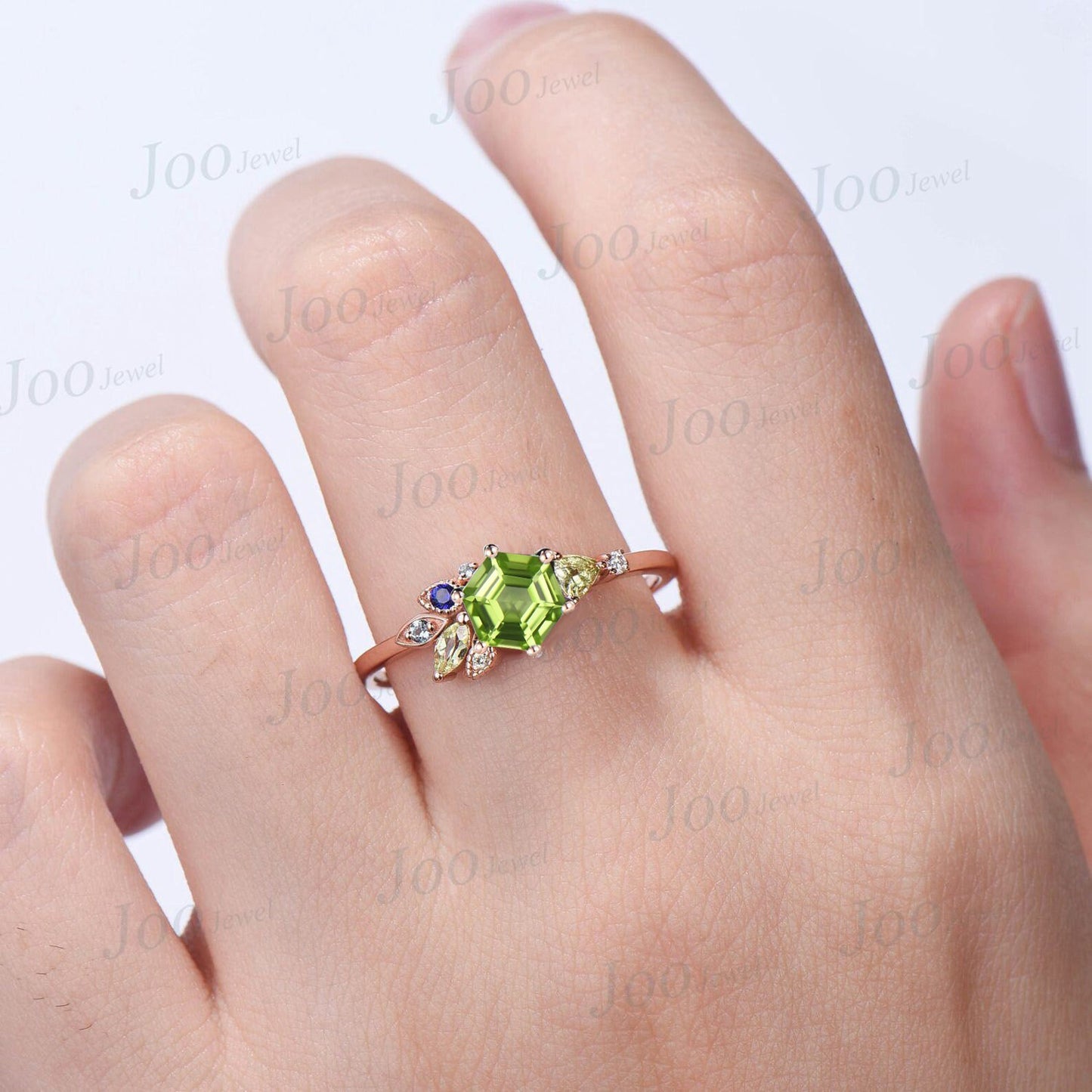 1ct Hexagon Cut Natural Green Peridot Ring 10K Rose Gold August Birthstone Cluster Wedding Ring Personalized Anniversary/Birthday Gift Women