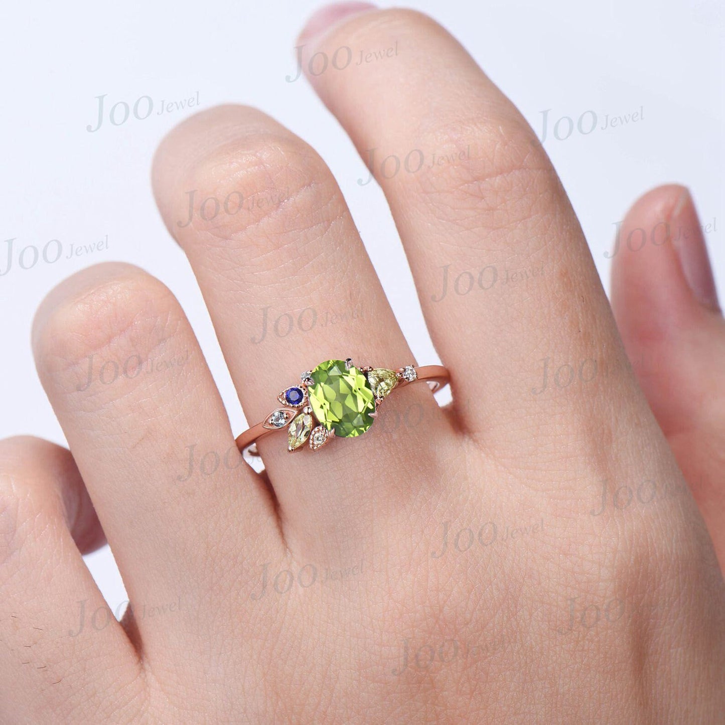 1.5ct Oval Genuine Green Peridot Engagement Ring 10K Rose Gold August Birthstone Cluster Wedding Ring Personalized Anniversary/Birthday Gift