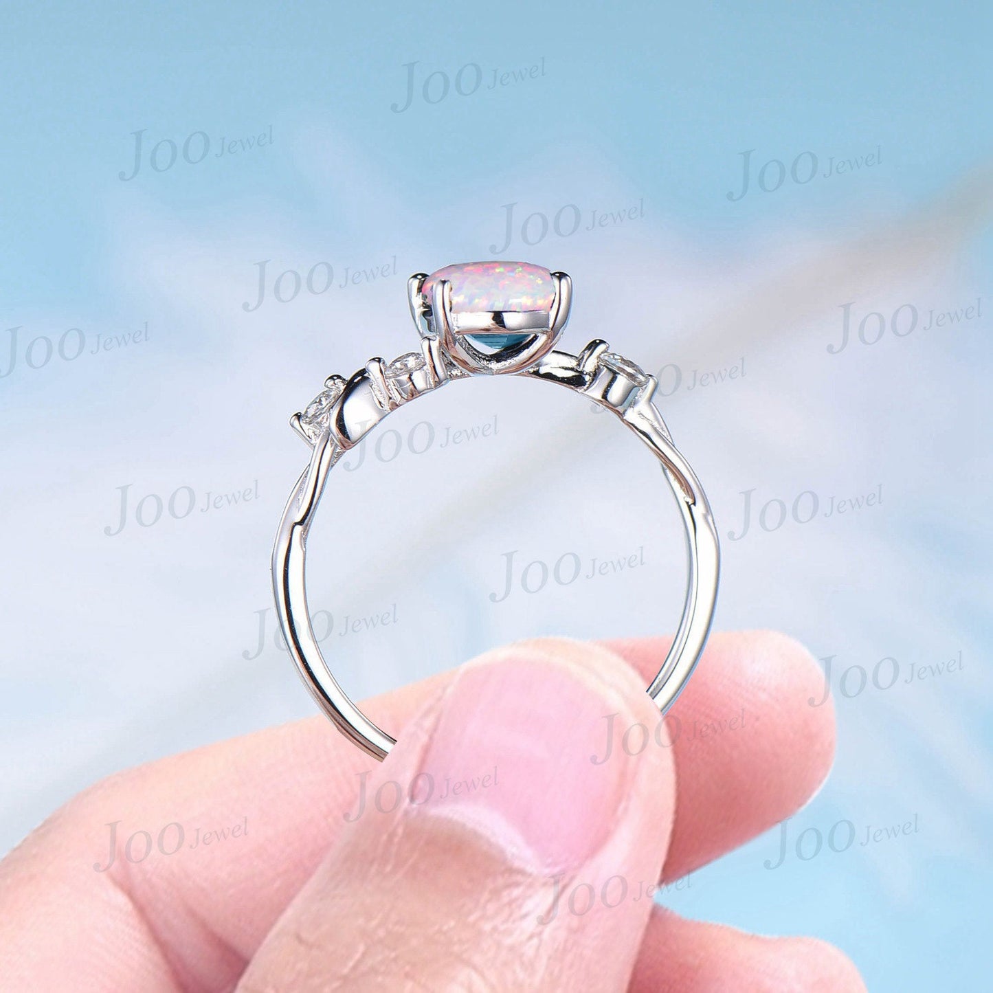 Unique Moon Star Engagement Ring 1.5ct Oval Cut White Opal Wedding Ring 10K Rose Gold Moissanite Opal Celestial Promise Ring Half Moon Ring