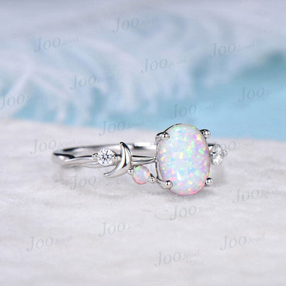 Unique Moon Star Engagement Ring 1.5ct Oval Cut White Opal Wedding Ring 10K Rose Gold Moissanite Opal Celestial Promise Ring Half Moon Ring