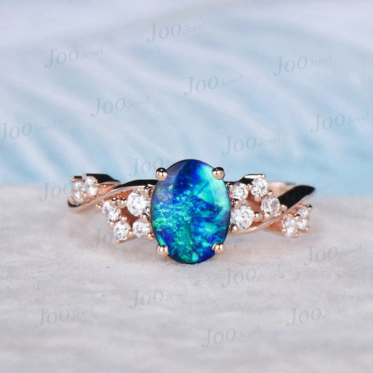 1.5ct Oval Blue Opal Engagement Ring Vintage Rose Gold Cluster Moissanite Wedding Ring Anniversary Gift Galaxy Blue Fire Opal Promise Rings