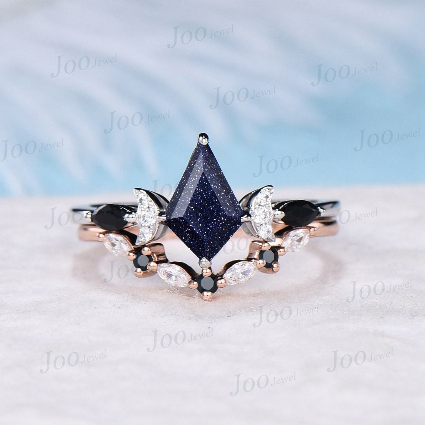 1ct Kite Galaxy Blue Sandstone Celestial Engagement Ring Set Half Moon Moissanite Wedding Ring Set 10K Rose Gold Black Gemstone Bridal Set
