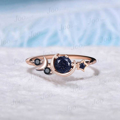 Round Cut Blue Sandstone Engagement Ring Starry Sky Moon Star Cluster Ring Purple Amethyst Celestial Ring Unique Asymmetrical Promise Rings