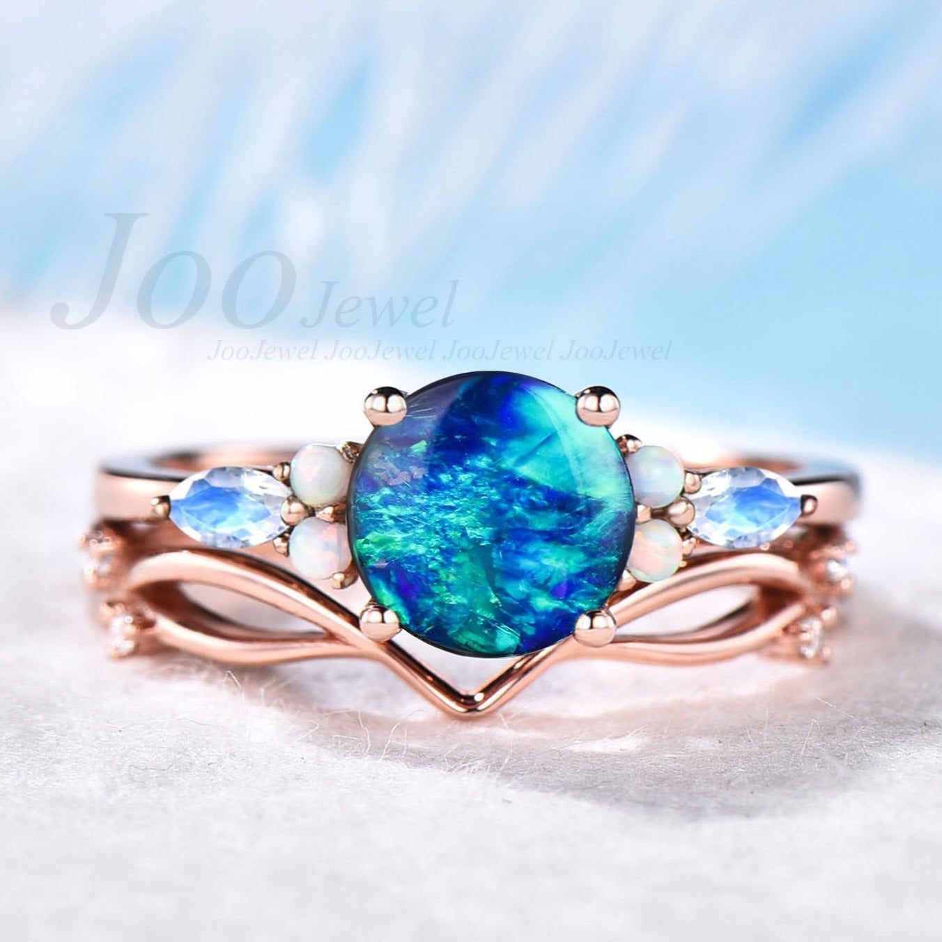 7mm Round Blue Opal Engagement Ring Set Rose Gold Vintage Marquise Moonstone Engagement Ring Opal Ring For Women Unique Wedding Ring Set