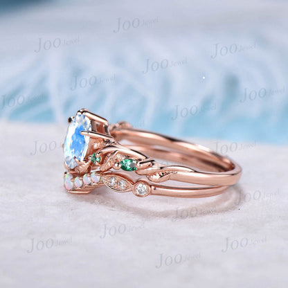 Twisted Branch 1CT Hexagon Cut Natural Moonstone Emerald Ring Set June Birthstone Wedding Ring Handmade Nature Inspired Opal Moissanite Ring