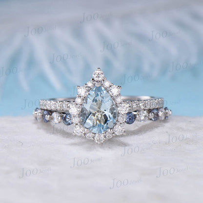1.25ct Pear Cut Natural Aquamarine Wedding Ring Set 10K White Gold Half Eternity Halo Moissanite Ring Platinum Ring Alexandrite Wedding Band