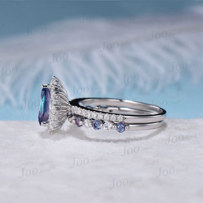 Pear Shaped Color-Change Alexandrite Wedding Bridal Ring Set 10K White Gold Half Eternity Halo Moissanite Ring June Birthstone Wedding Band