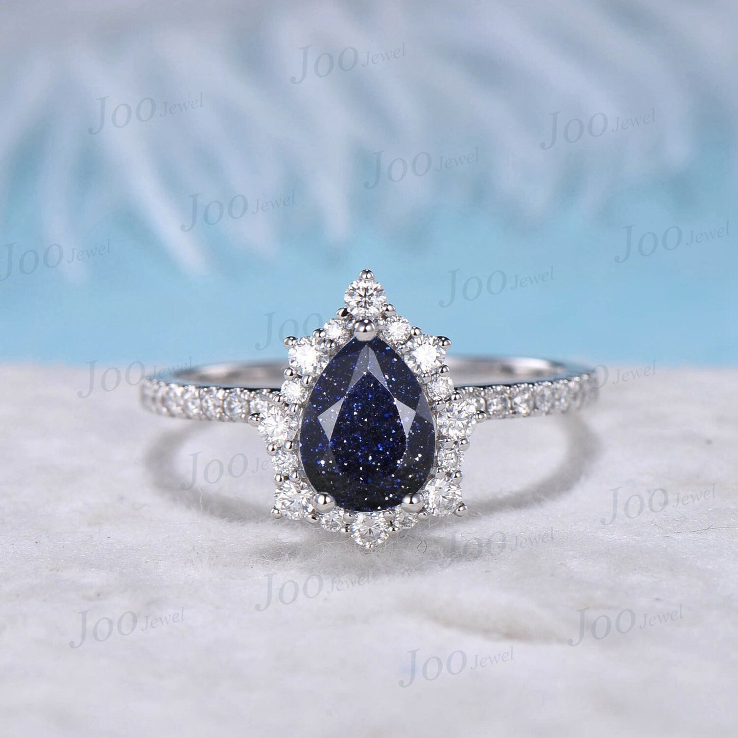 Pear Cut Galaxy Blue Sandstone Bridal Set 10K White Gold Halo Moissanite Alexandrite Wedding Band Blue Goldstone Half Eternity Wedding Ring