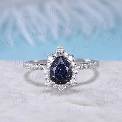 Pear Cut Galaxy Blue Sandstone Bridal Set 10K White Gold Halo Moissanite Alexandrite Wedding Band Blue Goldstone Half Eternity Wedding Ring