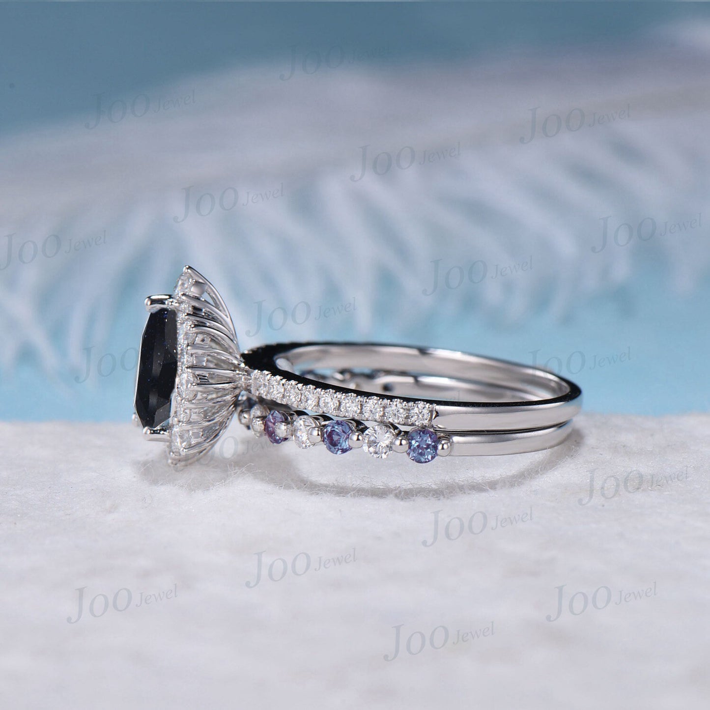 Pear Cut Galaxy Blue Sandstone Bridal Set 10K White Gold Halo Moissanite Alexandrite Wedding Band Blue Goldstone Half Eternity Wedding Ring