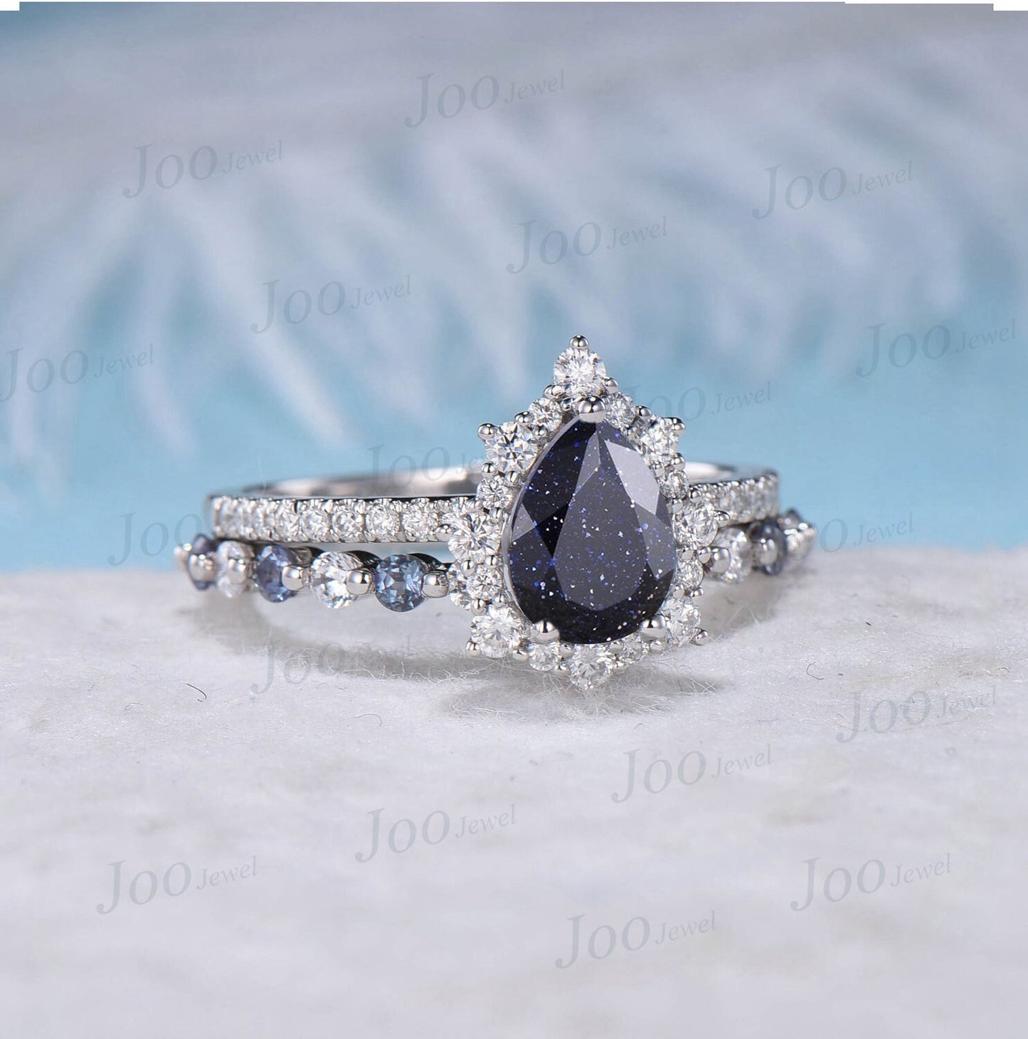 Pear Cut Galaxy Blue Sandstone Bridal Set 10K White Gold Halo Moissanite Alexandrite Wedding Band Blue Goldstone Half Eternity Wedding Ring