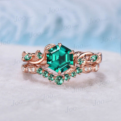 Nature Inspired Green Emerald Engagement Ring Set May Birthstone Wedding Ring 14K Rose Gold Handmade Twisted Branch Hexagon Gemstone Ring