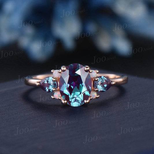 1.5ct Oval Alexandrite Opal Cluster Engagement Ring Vintage June Birthstone Wedding Ring Pear Alexandrite Art Deco Unique Promise Ring Gift