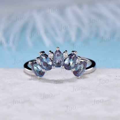 Pear Shaped Alexandrite Moissanite Curved Wedding Band 10K White Gold Unique Stacking Ring Vintage Dainty Women Jewelry Contour Nesting Band