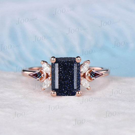 2ct Emerald Cut Galaxy Blue Sandstone Engagement Ring Blue Gemstone Jewelry Vintage Cluster Kite Alexandrite Ring Personalized Gift Women