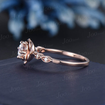 Rose Flower Engagement Ring Round Cut Floral Moissanite Ring 10K/14K/18K Rose Gold Vintage Leaf Diamond Bridal Ring Unique Anniversary Gifts