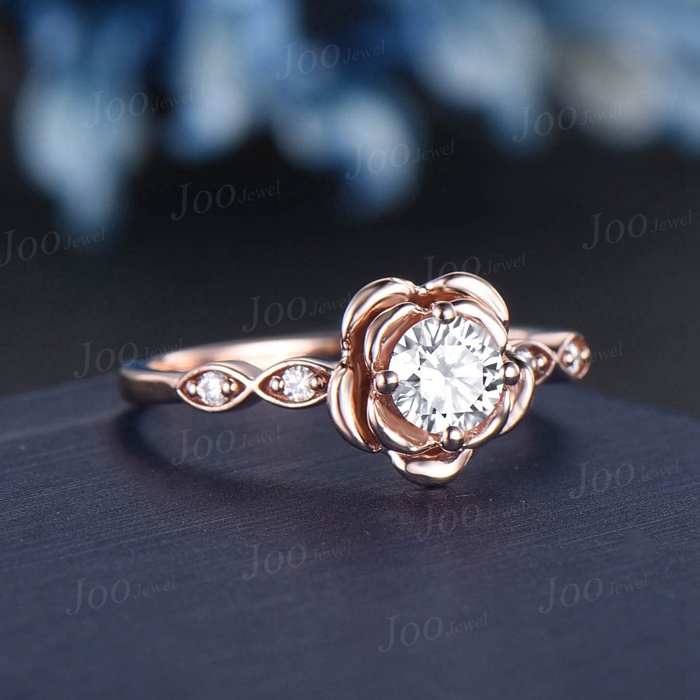 Rose Flower Engagement Ring Round Cut Floral Moissanite Ring 10K/14K/18K Rose Gold Vintage Leaf Diamond Bridal Ring Unique Anniversary Gifts