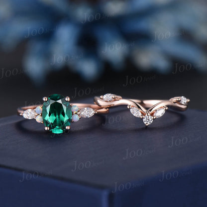1.5ct Oval Cut Green Emerald Ring Set Green Gemstone Ring Opal Moissanite Wedding Ring May Birthstone Ring Birthday/Anniversary Gift Women