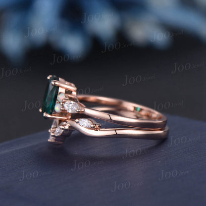 1.5ct Oval Cut Green Emerald Ring Set Green Gemstone Ring Opal Moissanite Wedding Ring May Birthstone Ring Birthday/Anniversary Gift Women