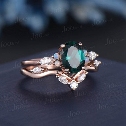 1.5ct Oval Cut Green Emerald Ring Set Green Gemstone Ring Opal Moissanite Wedding Ring May Birthstone Ring Birthday/Anniversary Gift Women